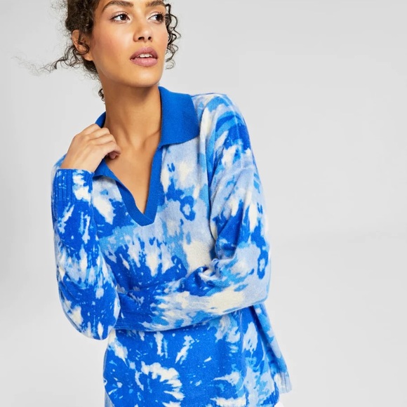 Charter club luxury tye dye blue and white cashmere sweater - Picture 3 of 6